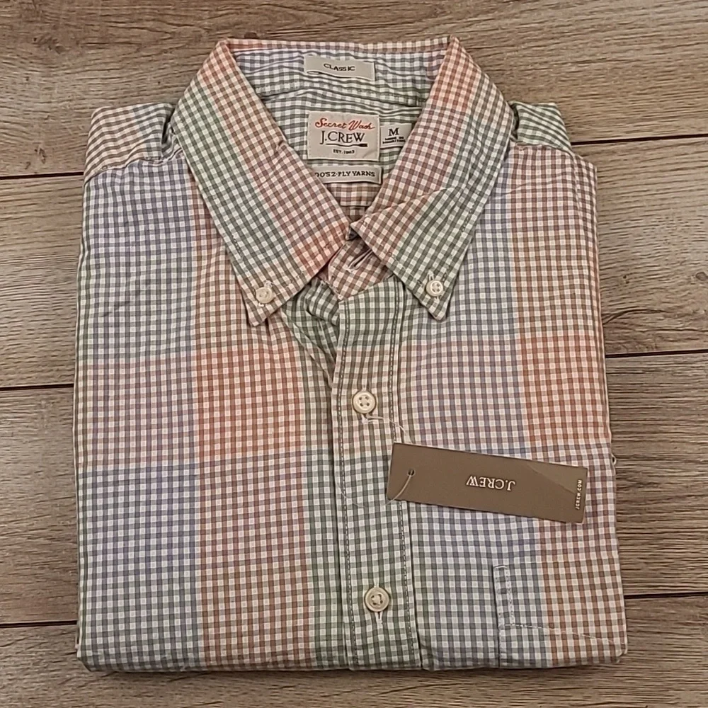 J CREW Secret Wash Multicolor Block Plaid Cotton Mens Sz M Long Sleeve Shirt NEW